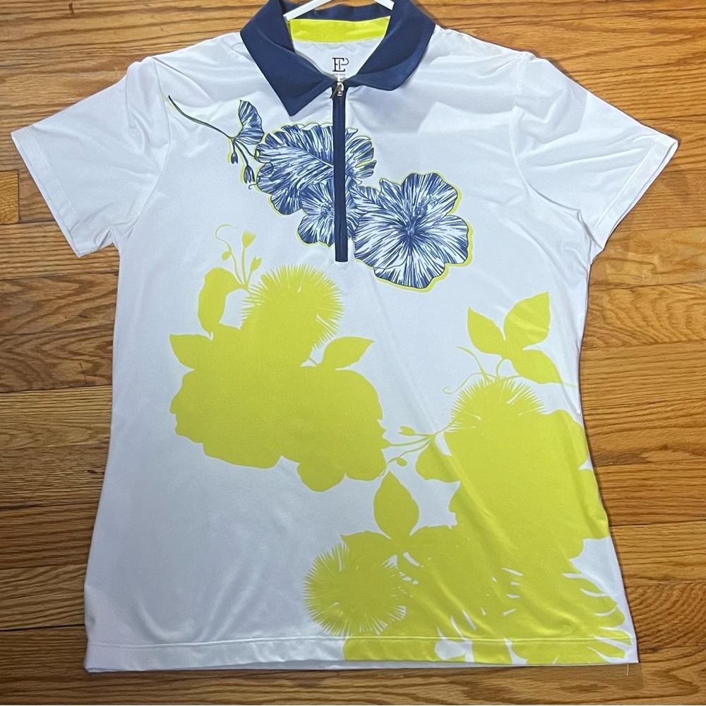 EP NEW YORK White Floral Short Sleeve 1/4 Zip Stretch Golf Top Size Medium NWOT
